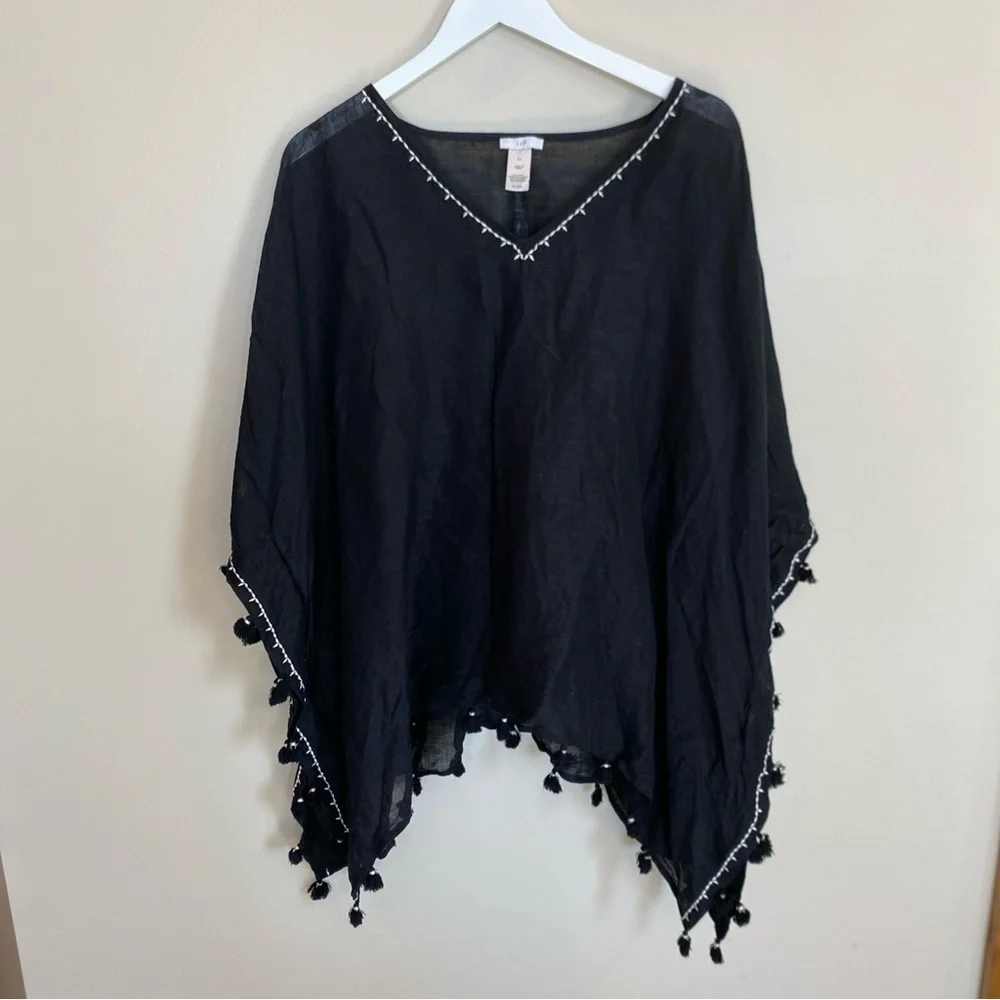 J Jill Linen Blend Cover Up Tunic One Size Black Tassels
